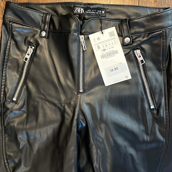 Zara Faux Leather Black Moto Pants With Zips and Seaming  NWT S MSRP $59.90 - Picture 2 of 8